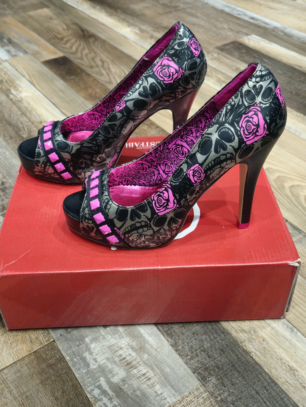 Pink Skull Rose Peep-Toe High Heels - Women's Fashion Pumps